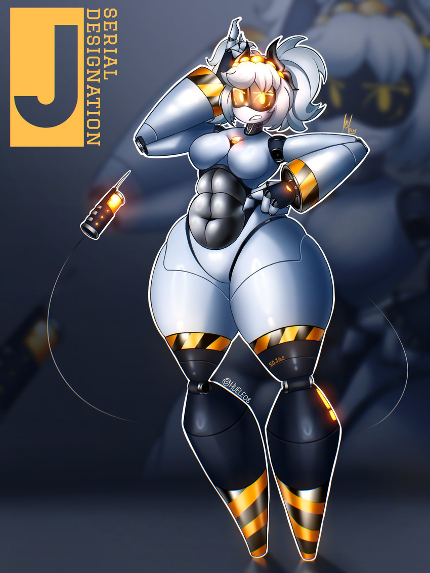 4_fingers abs arthropod_abdomen bangs black_abdomen black_legs breasts chest_crystal cleavage clothed clothing featureless_breasts featureless_crotch female fingers glowing glowing_eyes hair hand_on_head hand_on_hip hazard_stripes joints legs_together looking_at_viewer machine medium_breasts noseless not_furry nude null screen_eyes solo standing syringe_tail tail text thick_thighs twintails_(hairstyle) white_body white_hair wide_hips yellow_eyes hueleo8 glitch_productions murder_drones j_(murder_drones) disassembly_drone humanoid robot robot_humanoid tailed_humanoid 2025 3:4 artist_name hi_res shaded signature