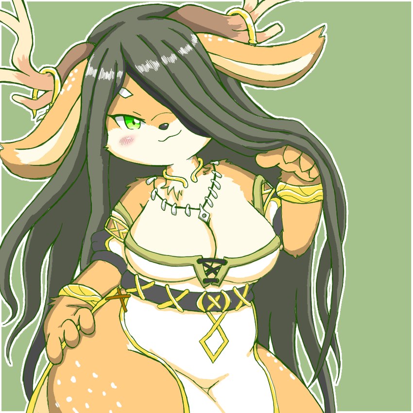 4_fingers anthro antlers big_breasts black_hair blush breasts chest_tuft cleavage clothed clothing curvy_figure female female_anthro fingers fur green_background green_eyes hair horn jewelry kemono long_hair multicolored_body multicolored_fur necklace one_eye_obstructed simple_background snout solo standing tan_body tan_fur tuft two_tone_body two_tone_fur voluptuous white_body white_fur wide_hips tabon celtic_mythology cyberconnect2 drecom european_mythology full_bokko_heroes mythology cernunnos_(full_bokko_heroes) cervine deer mammal red_deer 1:1 2020