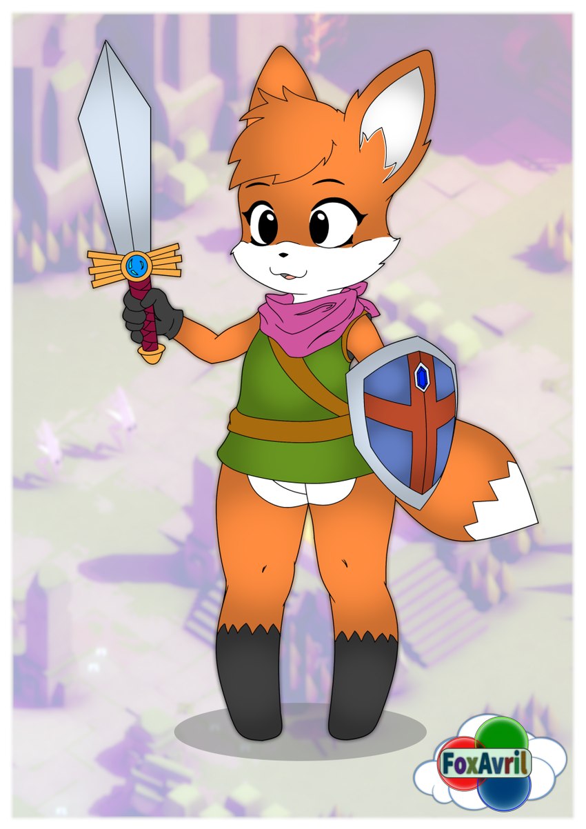 ambiguous_gender anthro border clothing countershading gloves handwear holding_object holding_weapon kerchief melee_weapon screencap screencap_background shield shirt solo standing sword topwear tunic weapon white_border foxavril tunic_(video_game) ruin_seeker canid canine fox mammal hi_res