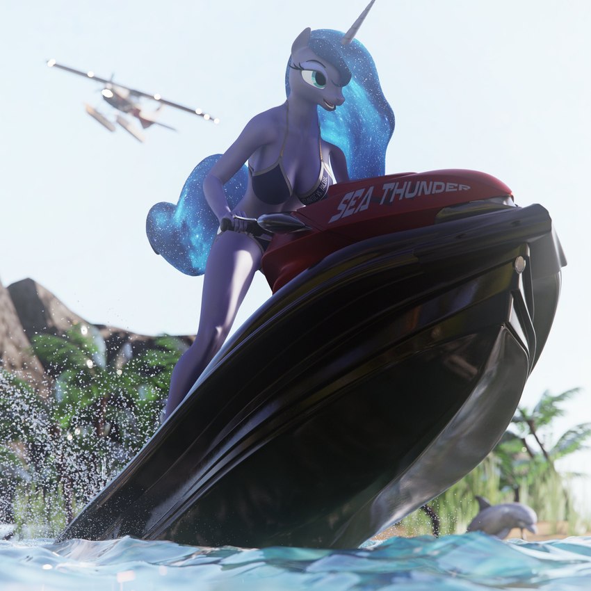 aircraft airplane anthro anthrofied bikini blue_eyes blue_hair blue_tail breasts cleavage clothed clothing ethereal_hair ethereal_mane ethereal_tail female hair horn jetski outside pseudo_hair pseudo_mane rock sea solo swimwear tail two-piece_swimsuit vehicle water dashie116 friendship_is_magic hasbro my_little_pony mythology princess_luna_(mlp) cetacean dolphin equid equine mammal marine mythological_creature mythological_equine oceanic_dolphin toothed_whale unicorn 1:1 3d_(artwork) absurd_res digital_media_(artwork) hi_res