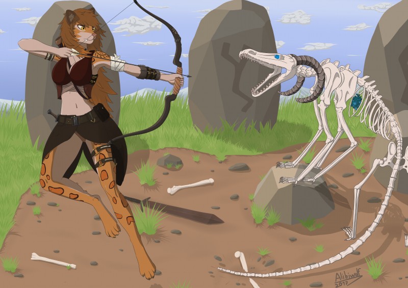 4_toes angry anthro arrow_(weapon) barefoot biped bone bow_(weapon) brown_body brown_fur brown_hair clothed clothing cursed feet female fully_clothed fur hair long_hair magic menhir navel ranged_weapon skeleton solo toes weapon yellow_eyes alibiwolf seykar canid canine canis domestic_dog felid mammal prehistoric_species saber-toothed_tiger absurd_res hi_res