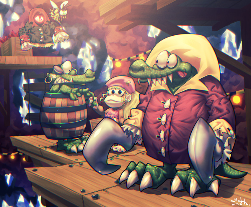 anthro barefoot barrel being_watched blonde_hair clothing crystal detailed_background ear_piercing ear_ring feet female group hair hand_holding hat headgear headwear long_hair looking_at_another male mineshaft piercing ring_piercing teeth toes tongue tongue_out gossan donkey_kong_(series) nintendo dixie_kong arthropod bee ghost haplorhine hymenopteran insect kremling mammal monkey primate scalie spirit 2017