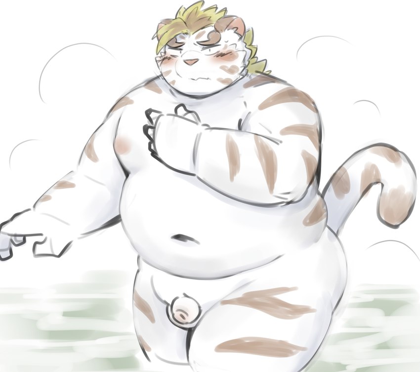 anthro balls belly big_belly blush flaccid genitals humanoid_hands kemono male micropenis moobs navel nipples overweight overweight_male penis small_penis solo water white_body ptcmtr lifewonders tokyo_afterschool_summoners licho_(tas) felid mammal pantherine tiger 2024 hi_res