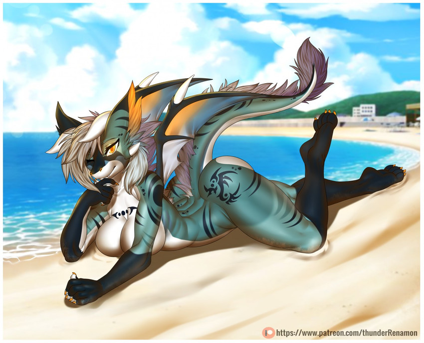 4_toes anthro athletic athletic_anthro athletic_female beach big_breasts big_butt breasts butt claws feet female fluffy fluffy_ears fluffy_hair glowing glowing_eyes hair horn looking_at_viewer markings multicolored_body nude nude_beach scene_haircut seaside short_hair soles solo sunny tail tattoo text toe_claws toes water thunder-renamon mythology katherine_warmheart_(james-wild) dragon mythological_creature mythological_scalie scalie url