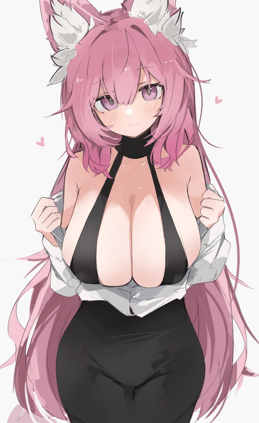 big_breasts big_eyes blush bob_cut breast_squish breasts clothed clothing dress_shirt female fluffy_ears grey_hair hair heart_symbol huge_breasts inner_ear_fluff inviting long_hair looking_at_viewer open_clothing open_topwear presenting presenting_breasts shirt smile solo squish thick_thighs tight_clothing topwear tuft wide_hips mikojin animal_humanoid canid canid_humanoid canine canine_humanoid fox_humanoid humanoid mammal mammal_humanoid hi_res