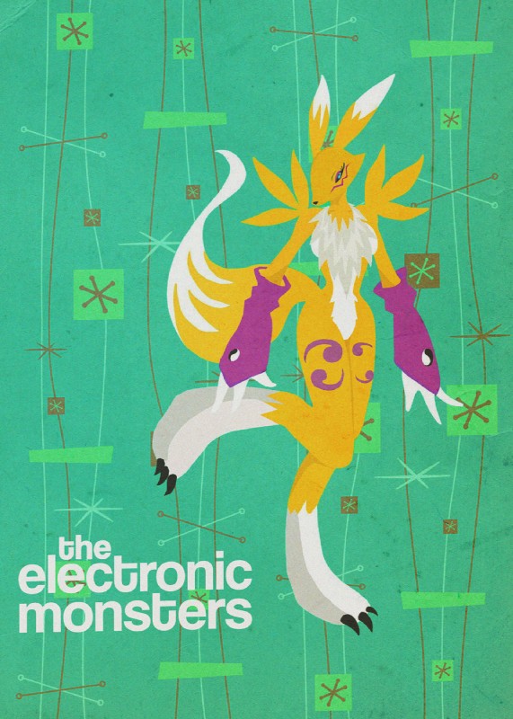 1960s_theme abstract_background anthro black_sclera clothing countershading dipstick_tail female fur gloves handwear markings multicolored_body multicolored_fur multicolored_tail populuxe poster poster_template retro solo tail tail_markings text two_tone_body two_tone_fur two_tone_tail white_body white_fur white_tail white_tail_tip yellow_body yellow_fur yellow_tail yin_yang unknown_artist bandai_namco digimon canid canine digimon_(species) mammal renamon english_text hi_res