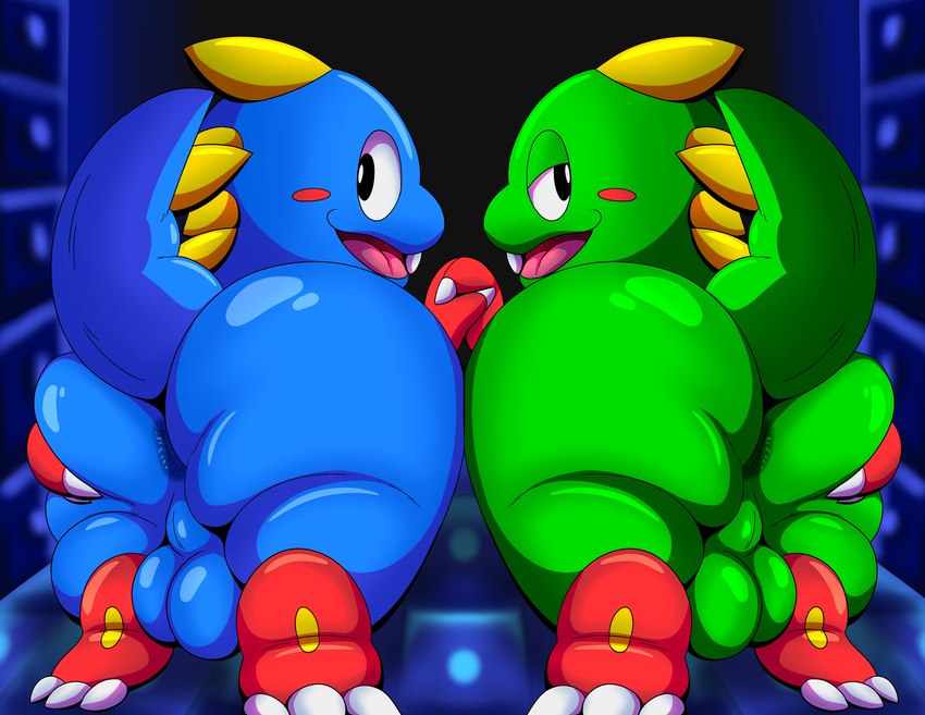 anthro anus balls big_butt bros_being_bros butt butt_grab butt_squish duo genitals hand_holding hand_on_butt huge_butt looking_at_viewer looking_back male male/male perineum raised_tail spikes squish tail tepigfan101 bubble_bobble mythology square_enix taito bob_(bubble_bobble) bub_(bubble_bobble) dragon mythological_creature mythological_scalie scalie absurd_res hi_res