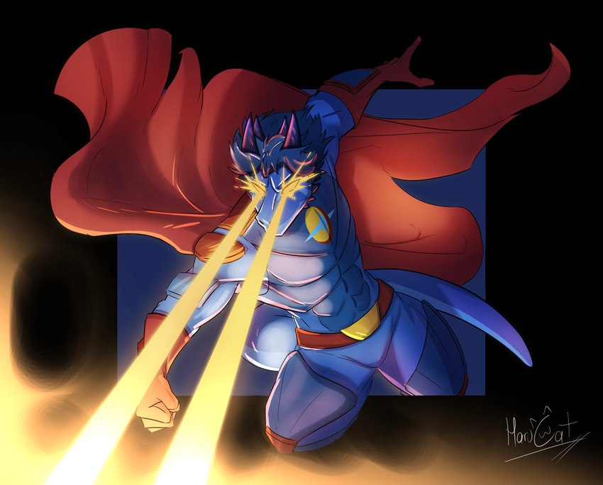 anthro blue_body blue_hair blue_skin cape clothing hair horn laser laser_eyes male muscular solo superhero harucat mythology dragon mythological_creature mythological_scalie scalie hi_res