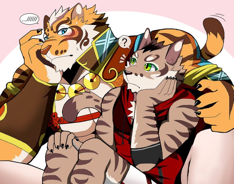 anthro clothing countershading duo fur green_eyes male muscular muscular_male pecs simple_background bearlovestiger13 nekojishi studio_klondike lin_hu shu-chi felid feline leopard_cat mammal pantherine prionailurus tiger 2018