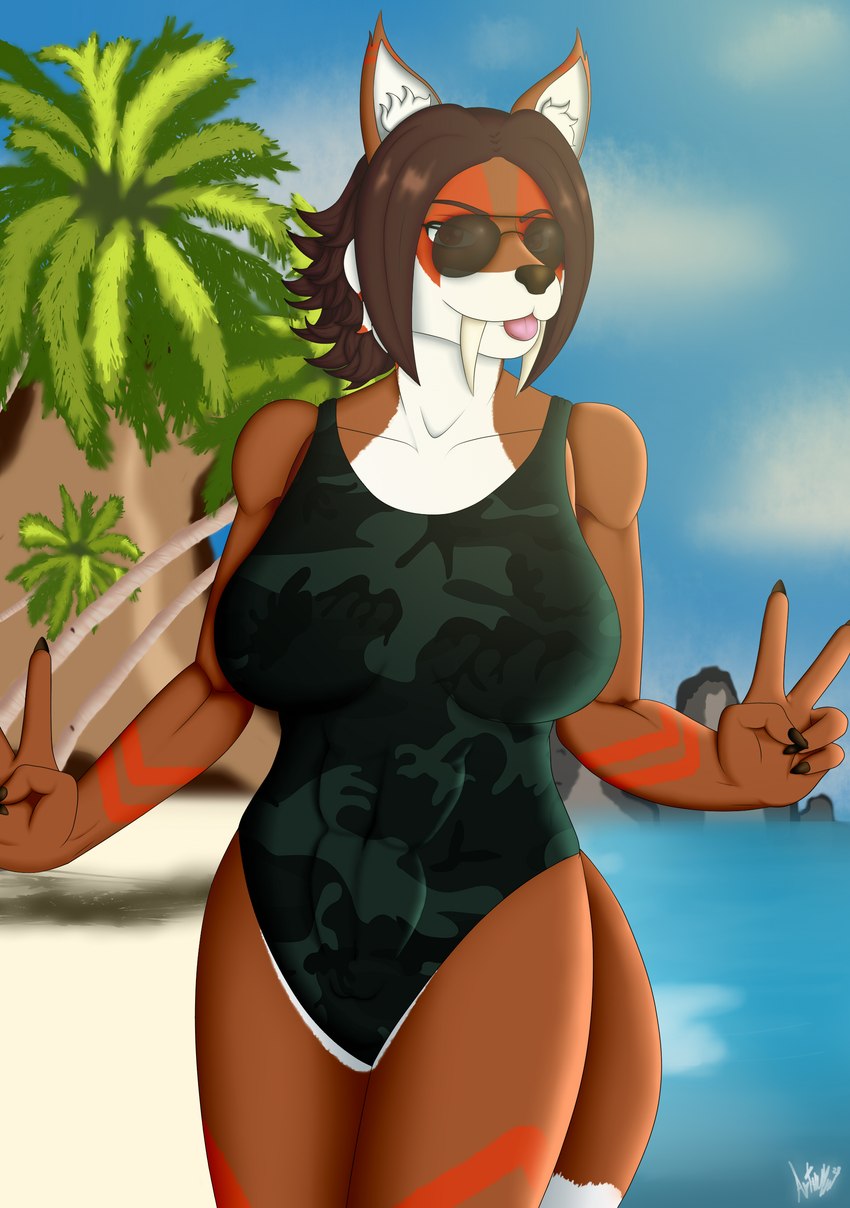 anthro athletic athletic_female aviator_glasses beach big_breasts breasts brown_body brown_fur brown_hair camo camo_print clothed clothing eyewear fangs female fitness fur glasses hair looking_at_viewer one-piece_swimsuit outside red_eyes seaside smile solo swimwear teeth tongue tongue_out cueliton rubra_pillax felid feline lynx mammal absurd_res digital_media_(artwork) hi_res