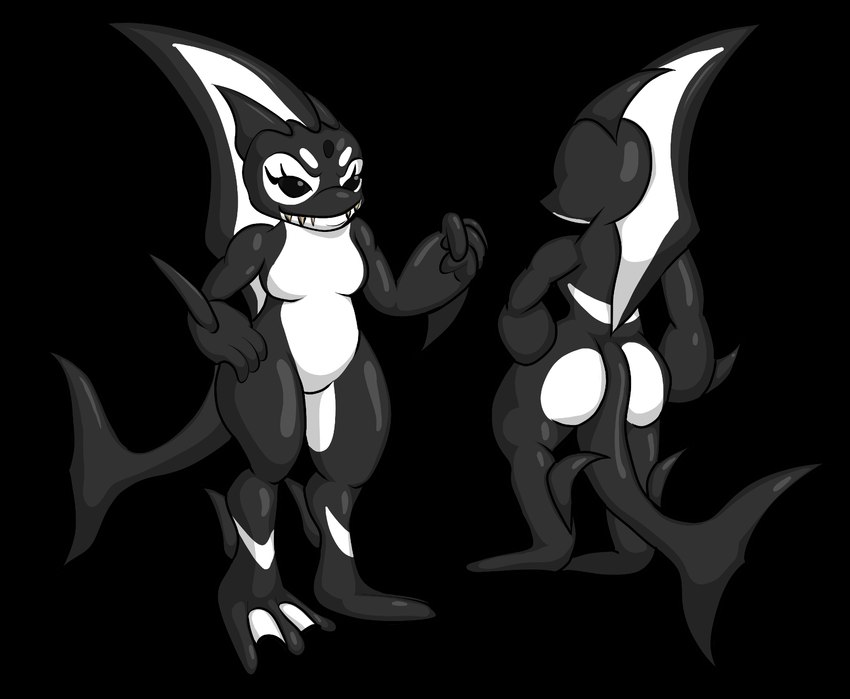 4_fingers anthro biped black_background black_body black_eyes butt dorsal_fin eyelashes fanges featureless_chest featureless_crotch feet female fin fingers fist front_view hand_on_hip membrane_(anatomy) multicolored_body rear_view sharp_teeth simple_background solo standing tail tail_fin teeth toes two_tone_body webbed_feet white_body wide_hips veggiebad disney lilo_and_stitch shouka_(veggiebad) alien cetacean dolphin experiment_(lilo_and_stitch) mammal marine oceanic_dolphin orca toothed_whale 2024 hi_res model_sheet