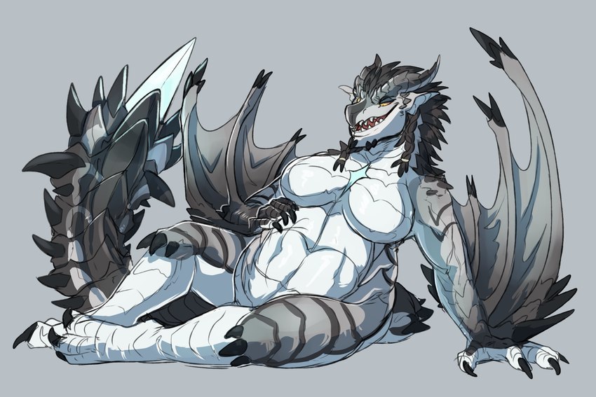 abdominal_bulge anthro black_markings braided_hair female grey_body hair markings open_mouth red_sclera resting_on_arm simple_background sitting sitting_on_ground smile solo vore white_body yellow_eyes imperatorcaesar capcom monster_hunter hyde_(myriad) flying_wyvern rath_wyvern rathalos silver_rathalos 3:2 hi_res trans_(lore) trans_woman_(lore)