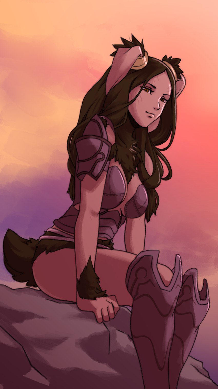 anthro armor bottomless brown_body brown_eyes brown_fur brown_hair brown_skin clothed clothing evening facial_markings female fur hair head_markings long_ears looking_down markings on_rock rock sitting sitting_on_rock smile solo twilight plagueofgripes fire_emblem fire_emblem_awakening nintendo panne humanoid lagomorph leporid mammal rabbit taguel 9:16 absurd_res digital_drawing_(artwork) digital_media_(artwork) hi_res warm_colors