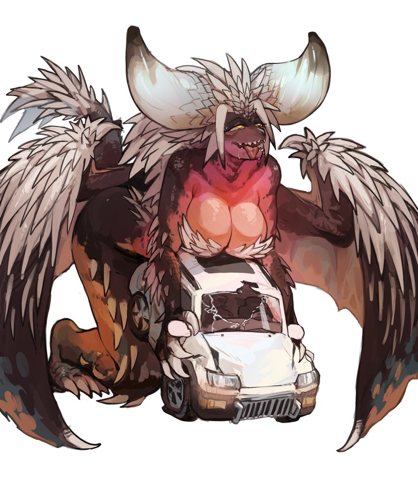 anthro big_breasts breasts car claws cleavage clothed clothing crush crushed_vehicle crushing_object destruction dragons_fucking_cars female fingers hair horn multicolored_body multicolored_scales orange_body orange_scales purple_body purple_scales scales solo spikes spikes_(anatomy) tail teeth vehicle vehicle_destruction wings yellow_eyes miao_jiangyou capcom monster_hunter mythology dragon elder_dragon mythological_creature mythological_scalie nergigante scalie absurd_res hi_res