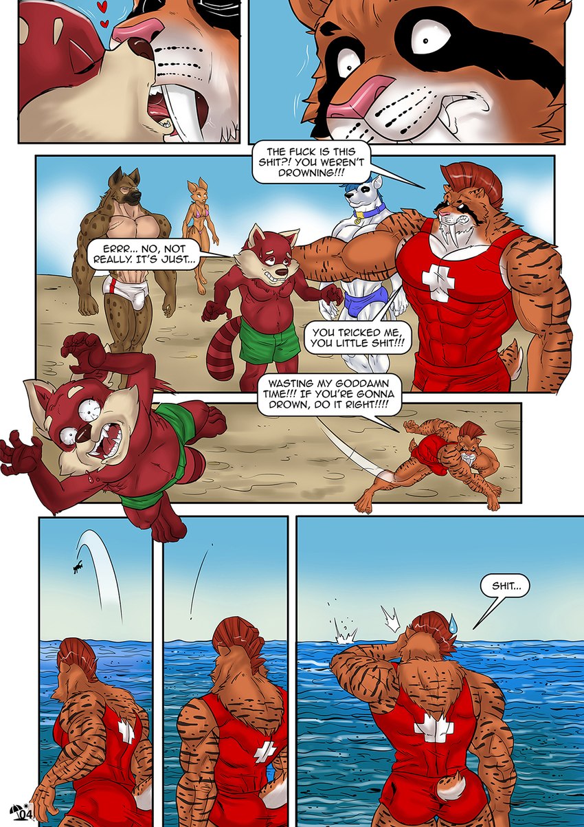 4_toes 5_fingers 5_toes abs angry anthro anthro_on_anthro barefoot base_four_layout beach bikini bikini_bottom bikini_top blockage_(layout) bloodshot_eyes bodily_fluids border breasts brown_body brown_fur bulge butt claws clothed clothing day detailed_bulge dialogue eyes_closed fangs feet female finger_claws fingers four_row_layout french_kissing fur genital_outline genitals group hair heart_symbol hindpaw horizontal_blockage humanoid_hands instant_regret kissing larger_male lifeguard lifeguard_swimsuit male male/male mohawk multicolored_body multicolored_fur muscular muscular_anthro muscular_male navel nipple_outline nipples one-piece_swimsuit open_mouth orange_body orange_fur outside page_number paws pecs penis_outline pink_nose profanity red_body red_fur red_hair regret sabertooth_(anatomy) sand scruff_grab seaside seven_frame_image size_difference smaller_male speech_bubble speedo striped_body striped_fur stripes surprise sweat sweatdrop swimming_trunks swimwear teeth text throwing throwing_character toe_claws toes topless topless_anthro topless_male two-piece_swimsuit two_tone_body two_tone_fur water white_body white_border white_fur wide_eyed yeet nexus jax_(jaxace) kt_(nexus) ailurid canid canine canis domestic_dog felid fox hyena mammal prehistoric_species red_panda saber-toothed_tiger spotted_hyena comic english_text hi_res meme