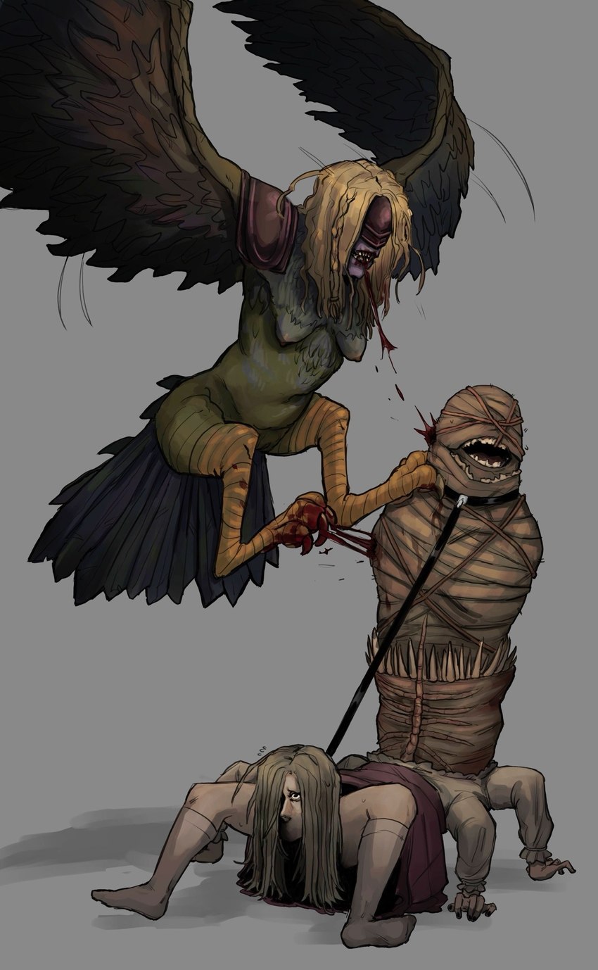 3_toes 4_arms 5_fingers 6_limbs animal_behavior anthro attack attacked avian_feet blindfold blonde_hair blood blood_on_claws blood_on_foot blood_on_mouth bodily_fluids bottomwear bound breasts brown_body brown_feathers chrysalis claws clothing duo feathered_wings feathers feet female fingers flying footwear grey_background grey_body grey_feathers grey_hair hair long_hair looking_at_another looking_up looking_up_at_another motion_lines mouthless multi_arm multi_limb nipples nude pink_bottomwear pink_clothing pink_nipples pink_skirt quadruped sagging_breasts shadow shirt shoulder_pads simple_background skirt socks tail tail_feathers tearing_flesh teeth toe_claws toes topwear unusual_anatomy unusual_mouth_placement white_clothing white_footwear white_shirt white_socks white_topwear winged_arms wings yellow_legs uio590 european_mythology fear_&_hunger_2:_termina fear_and_hunger greek_mythology mythology cocoon_(fear_and_hunger) karin_(fear_and_hunger) marina_(fear_and_hunger) valkyrie_(fear_and_hunger) animal_humanoid avian avian_humanoid harpy harpy_humanoid humanoid monster monstrous_humanoid moonscorched mythological_avian mythological_creature 2025 colored hi_res shaded