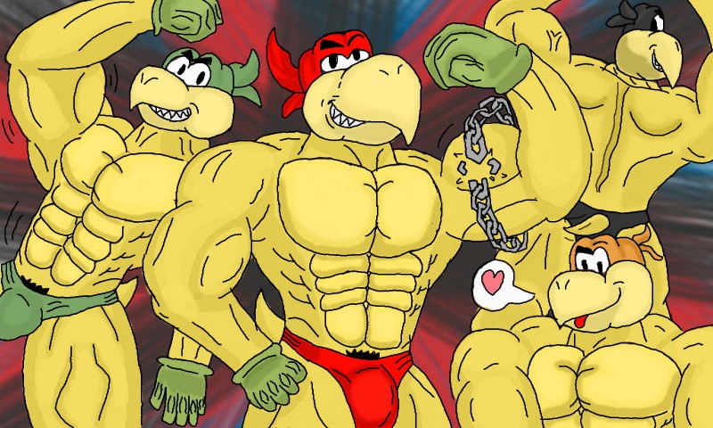 abs anthro anthrofied balls biceps big_muscles bulge chain clothed clothing flexing genitals gloves group handwear huge_muscles kerchief male mask muscular muscular_male paper pecs pose pubes shell-less skimpy speedo swimwear topless muscleartguy mario_bros nintendo paper_mario paper_mario_(2000) koopa_bros koopa koopa_troopa reptile scalie 5:3 hi_res brother_(lore) brothers_(lore) sibling_(lore)