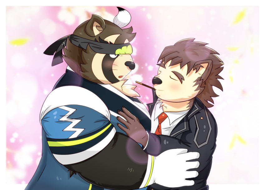 anthro belly blush brown_body brown_fur clothing duo eyes_closed food fur hug humanoid_hands kemono male male/male necktie shirt slightly_chubby topwear nisikemo lifewonders live_a_hero pocky pocky_and_pretz_day dog_operator protagonist_(live_a_hero) shoen canid canine canis domestic_dog mammal raccoon_dog tanuki 2020 hi_res