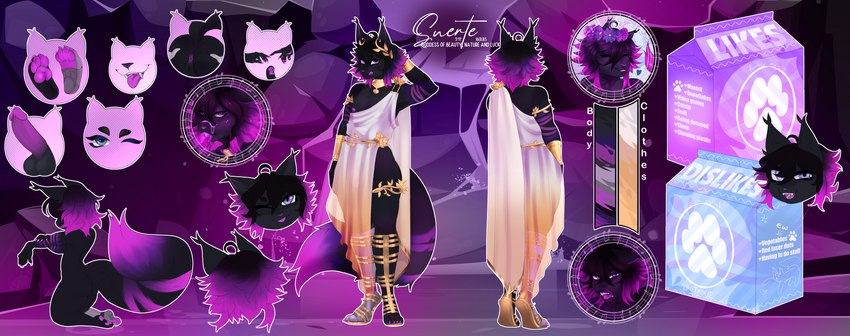 anthro blue_eyes butt clothing femboy genitals gold_(metal) gold_jewelry hair jewelry male pawpads penis purple_hair purple_penis robe solo lollipopfears suerte canid canine canis deity domestic_cat felid feline felis mammal absurd_res hi_res model_sheet