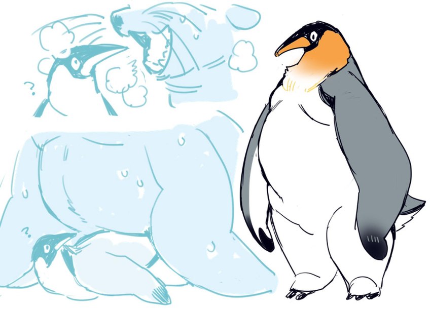 anthro duo feathers grey_body grey_feathers leaning_on_person male moobs orange_body orange_feathers overweight overweight_male squish white_body white_feathers 1boshi avian bird mammal marine penguin pinniped seal hi_res