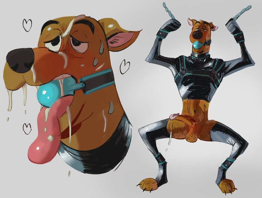 3_toes anthro ball_gag bdsm big_nose blush bodily_fluids bondage bound claws cum exhausted feet gag genital_fluids long_tongue male mitts solo toe_claws toes tongue 33xtc hanna-barbera scooby-doo_(series) scooby-doo canid mammal