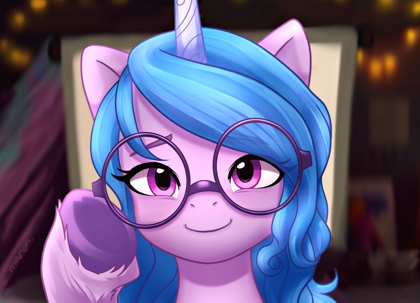 blue_hair close-up eyewear female glasses hair hooves horn purple_eyes solo marenlicious hasbro mlp_g5 my_little_pony mythology izzy_moonbow_(mlp) equid equine mammal mythological_creature mythological_equine unicorn headshot_portrait hi_res portrait