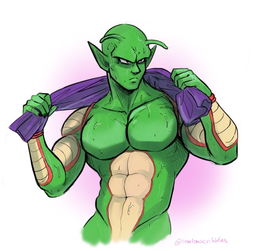 abs antennae_(anatomy) biceps bodily_fluids frown green_body green_skin male pecs solo sweat loulouscribbles dragon_ball piccolo alien humanoid namekian hi_res