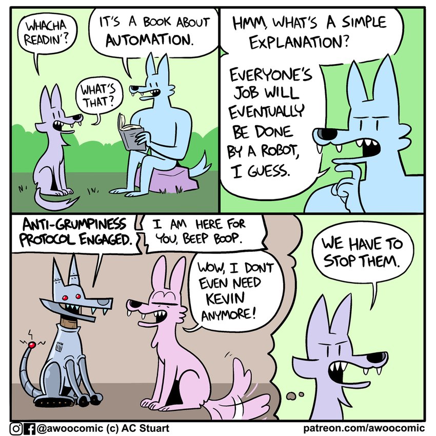 ambiguous_gender anthro asking asking_another asking_for_explanation asking_what base_two_layout blockage_(layout) blue_body blue_fur blue_tail book conjoined_speech_bubble dialogue duo explaining eyebrows eyes_closed fangs fantasizing feral fur grass holding_book holding_object horizontal_blockage imagination interjection linked_speech_bubble machine name_drop name_in_dialogue open_mouth open_smile outside pink_body pink_fur pink_tail plant question reading rock shrub sitting smile speech_bubble tail tail_motion tailwag talking_to_another teeth text thinking_pose thought_bubble three_frame_image two_row_layout vowelless vowelless_vocalization ac_stuart noob_the_loser awoo_(ac_stuart) jeremy_(slothwolf) kevin_(ac_stuart) pink_wolf_(ac_stuart) canid canine canis mammal robot wolf 1:1 comic english_text url male_(lore)