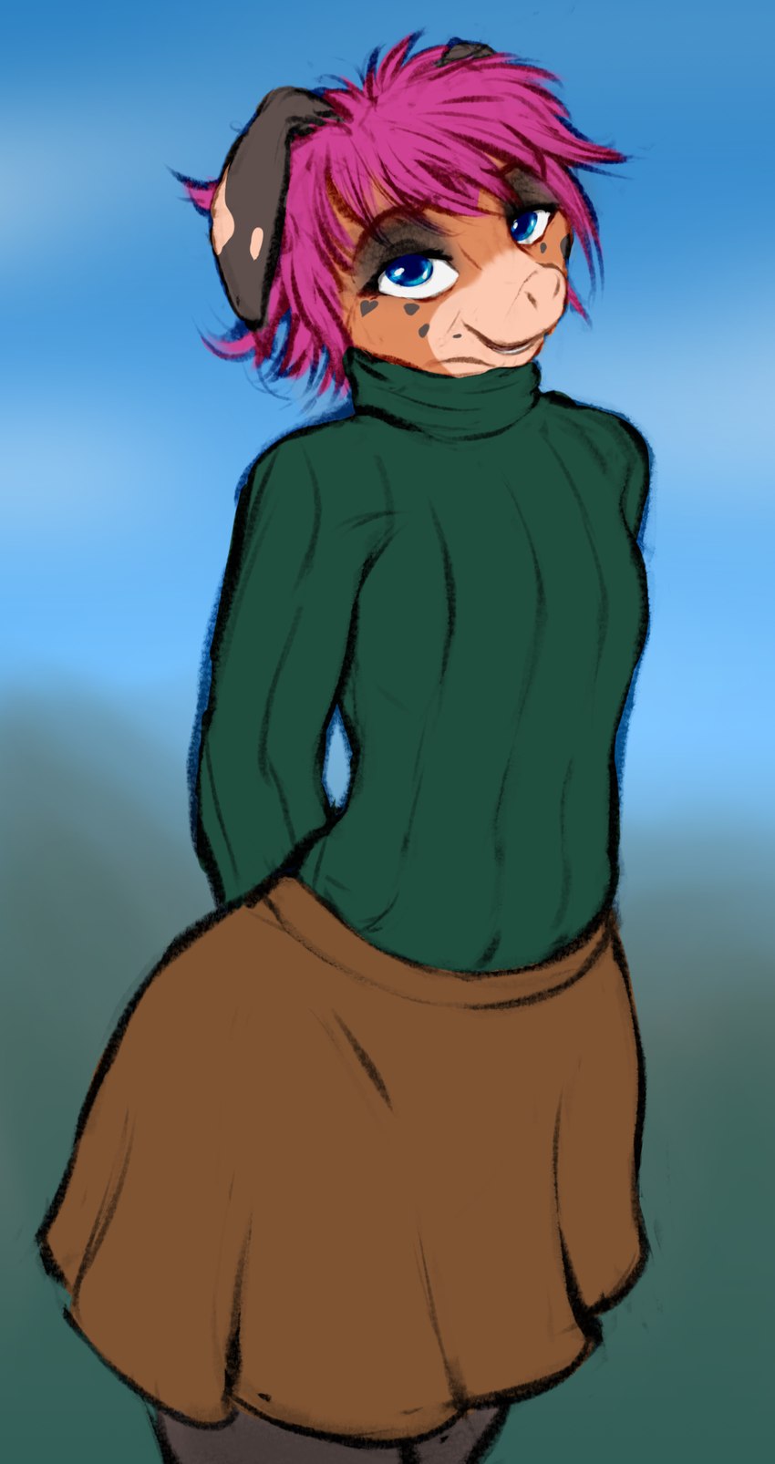 ambiguous_gender anthro bottomwear clothing flat_chested floppy_ears simple_background skirt snout solo sweater topwear turtleneck wide_hips leksi_(artist) billie_(n0cturn3) billie_corneja domestic_pig mammal suid suine sus_(pig) digital_media_(artwork) hi_res