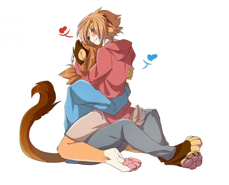 4_toes anthro barefoot brown_hair clothed clothing digitigrade duo feet hair heart_symbol pawpads smile tan_hair toes rikitoka canid canine canis domestic_cat domestic_dog felid feline felis mammal