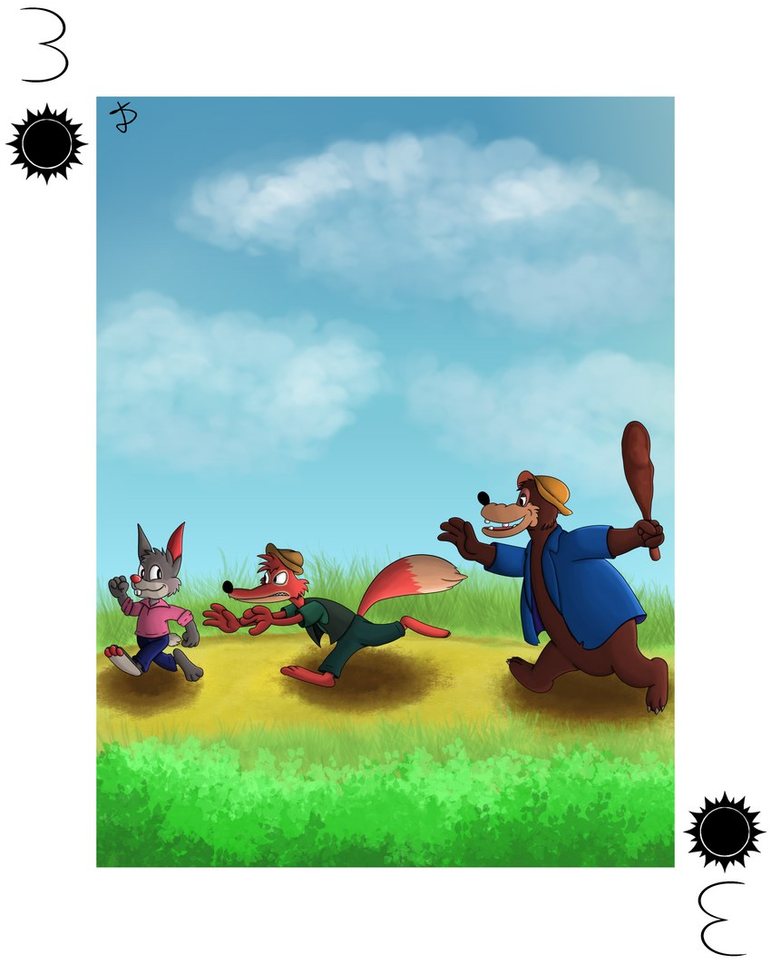 anthro card card_template chasing club_(weapon) custom_cards group male melee_weapon playing_card playing_card_template trio weapon shiromon999 br'er_bear br'er_fox br'er_rabbit bear canid canine fox hare lagomorph leporid mammal rabbit red_fox true_fox 4:5 absurd_res hi_res