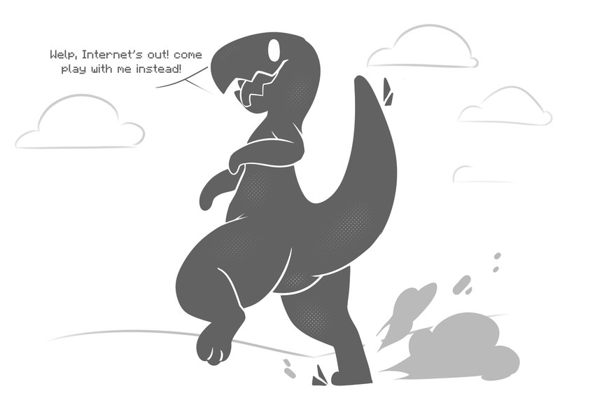 ambiguous_gender anthro dust_cloud featureless_crotch simple_background solo tail talking_to_viewer tapering_tail text thick_tail kodadeer google google_chrome dinosaur_(google_chrome) dinosaur prehistoric_species reptile scalie theropod tyrannosaurid tyrannosauroid tyrannosaurus tyrannosaurus_rex absurd_res english_text hi_res monochrome