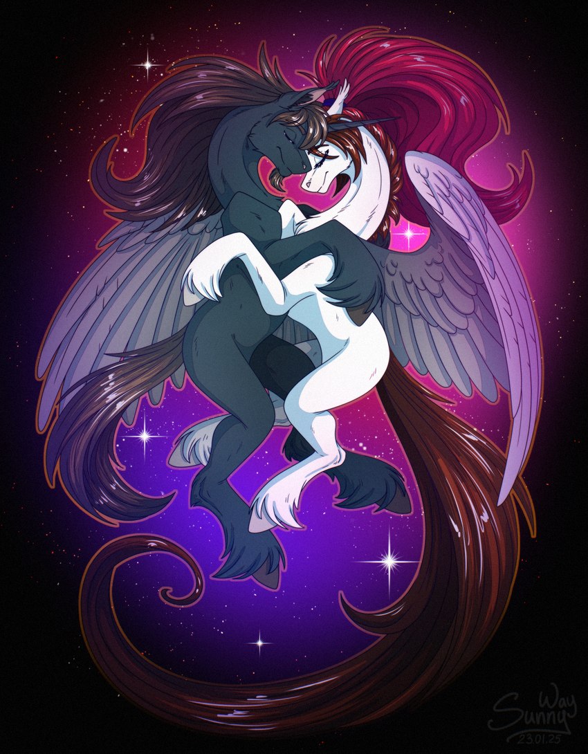 feathers female feral hooves horn love male smile space star wings sunny_way hasbro my_little_pony mythology steven_saidon sunny_way_(character) equid equine horse mammal mythological_creature mythological_equine pegasus pony unicorn hi_res