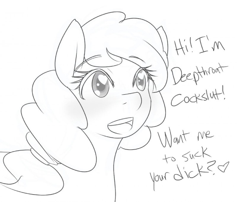 blush dialogue female heart_eyes heart_symbol solo text jonfawkes hasbro my_little_pony deepthroat_cockslut fan_character earth_pony equid equine horse mammal pony 2015 black_and_white english_text line_art monochrome