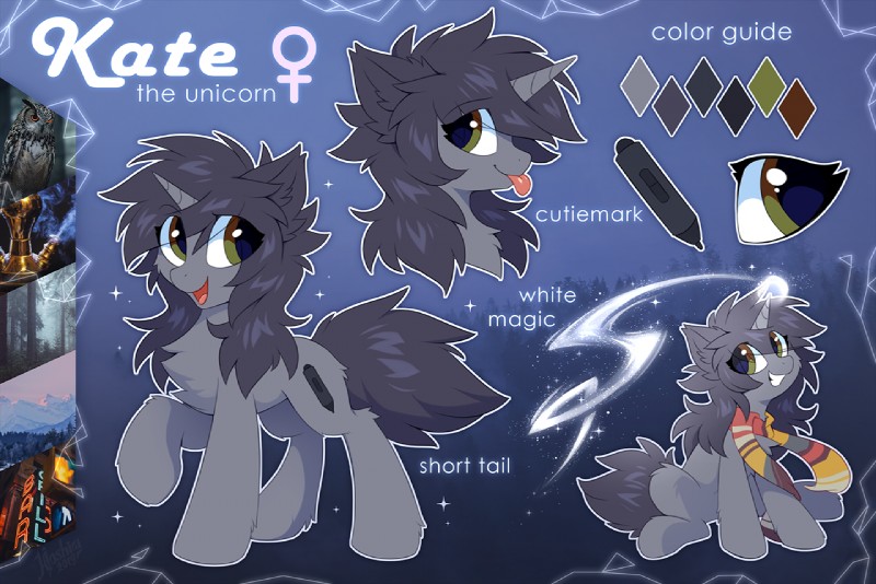 cutie_mark female feral fur grey_body grey_fur hooves horn open_mouth smile solo text tongue hioshiru hasbro my_little_pony mythology fan_character kate_(hioshiru) equid equine mammal mythological_creature mythological_equine unicorn 2019 english_text model_sheet