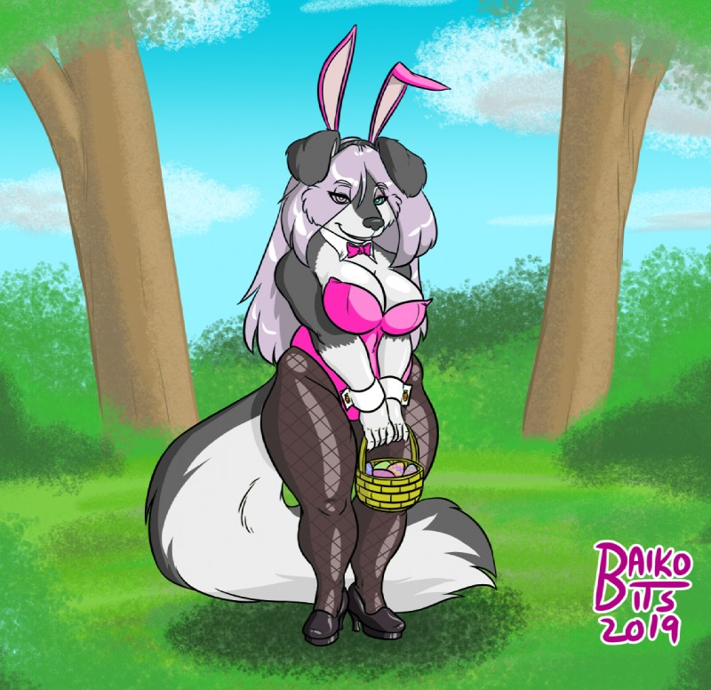 anthro basket big_breasts bow_(feature) bow_tie breasts bunny_costume cleavage clothed clothing container costume egg female footwear green_eyes hair high_heels legwear looking_at_viewer purple_hair shoes smile solo stockings baikobits shenjii_(baikobits) canid canine canis domestic_dog mammal 2019