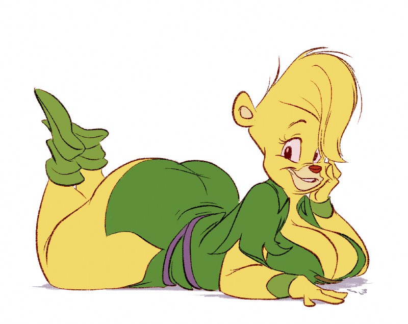 anthro big_breasts big_butt breasts butt cleavage clothed clothing curvy_figure female fur smile solo tailless voluptuous wide_hips yellow_body yellow_fur slb disney gummi_bears sunni_gummi bear mammal 2016