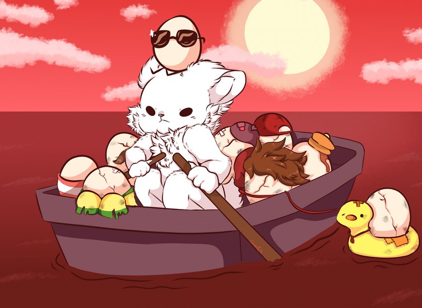 ambiguous_anthro ambiguous_gender anthro bandage beanie boat brown_hair chibi clothing cloud cracks dot_eyes egg floatie fluffy food frown fur group hair handpaw hat headgear headwear holding_object inflatable on_top outside paddle pancake paws red_clothing red_hat red_headwear rubber_duck shirt sitting sitting_on_another sitting_on_head sun sunset t-shirt topwear vehicle water watercraft white_body white_fur young young_ambiguous smolsammich qsmp chayanne_(qsmp) cucurucho_(qsmp) empanada_(qsmp) leonarda_(qsmp) pepito_(qsmp) pomme_(qsmp) richarlyson_(qsmp) sunnysideup_(qsmp) tallulah_(qsmp) animate_inanimate bear dragon_egg_(qsmp) egg_creature federation_worker mammal 2023 digital_drawing_(artwork) digital_media_(artwork) hi_res red_theme shaded warm_colors female_(lore) male_(lore) nonbinary_(lore)