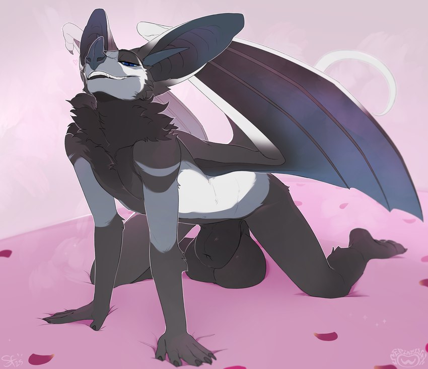 all_fours animal_genitalia anthro balls bat_nose bedroom_eyes big_balls big_ears big_sheath blue_eyes claws fangs fully_sheathed fur genitals grey_body grey_fur huge_balls huge_sheath hyper hyper_balls hyper_genitalia male membrane_(anatomy) membranous_wings narrowed_eyes petals saggy_balls seductive sheath smile solo teeth wings pig_(artist) sepiaflux xander_(kurrikage) bat mammal 2025 digital_media_(artwork) hi_res