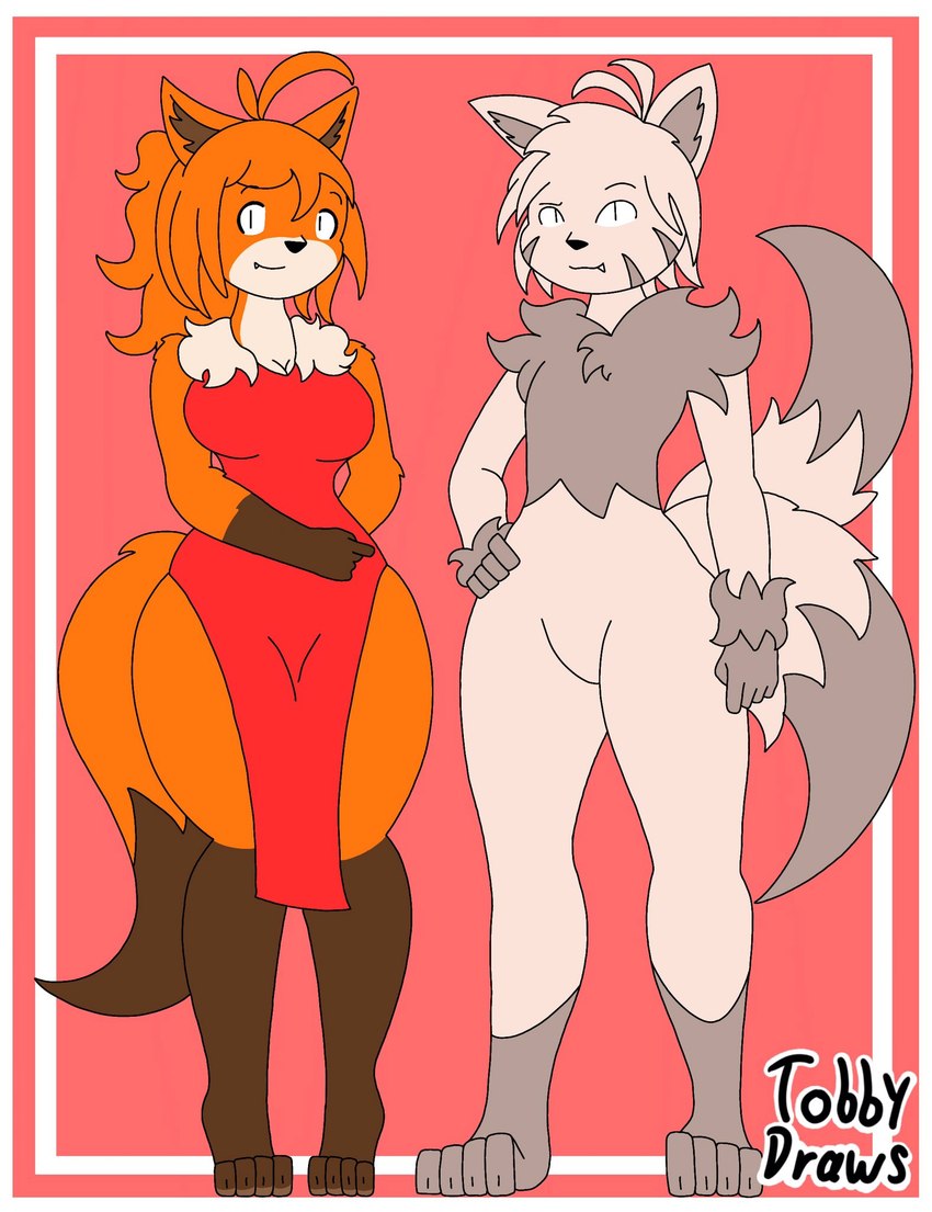 border breasts duo female grey_body grey_hair hair male male/female orange_body orange_hair tail thick_thighs white_border tobydraws4 canid canine humanoid mammal hi_res