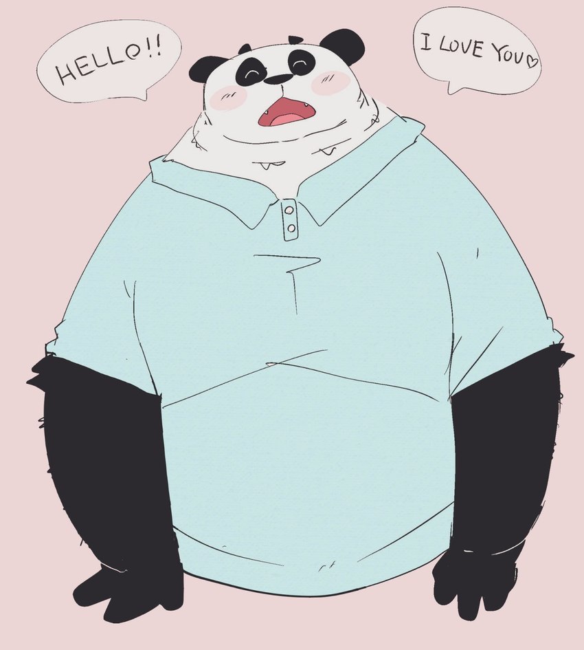 anthro black_body black_fur black_nose clothing dialogue eyes_closed fur kemono male overweight overweight_anthro overweight_male shirt simple_background solo text topwear white_body white_fur dumdum bear giant_panda mammal 2021 english_text hi_res