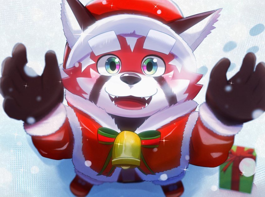 anthro bell bell_collar blush christmas_clothing christmas_headwear clothing collar fur green_eyes hat headgear headwear holidays male red_body red_fur santa_hat snow solo young young_anthro inugamihito christmas lifewonders tokyo_afterschool_summoners zhurong_(tas) ailurid mammal red_panda hi_res