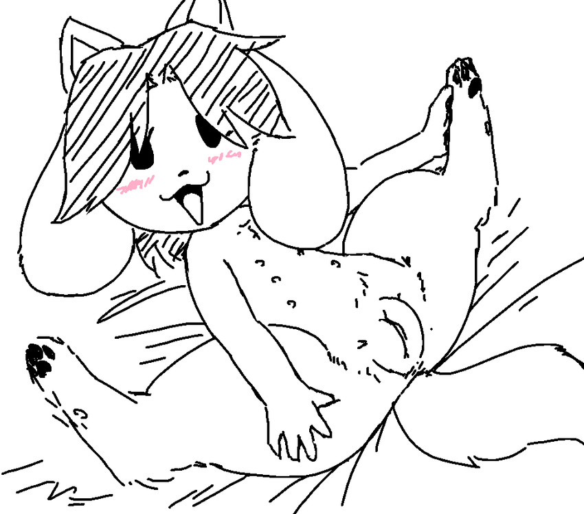 4_ears beady_eyes blush female feral genitals hair looking_at_viewer lying multi_ear multi_nipple nipples nude on_back open_mouth open_smile pawpads presenting presenting_pussy pussy simple_background smile solo spread_legs spreading thick_thighs unawarey undertale undertale_(series) temmie_(undertale) canid canine felid feline mammal tem black_and_white monochrome