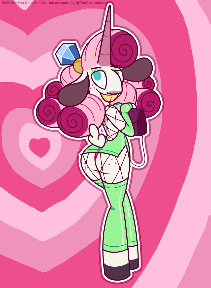 big_ears big_teeth blue_eyes breasts butt clothed clothing female footwear hair high_heels holidays horn looking_at_viewer partially_clothed pink_hair shoes simple_background small_breasts solo string_panties tail text underwear unicorn_horn white_body the_cartoon_love mythology valentine's_day fan_character merlina_the_unicorn_goat_girl_(the_cartoon_love) animal_humanoid bovid caprine equid equid_humanoid equine goat humanoid mammal mammal_humanoid mythological_creature mythological_equine unicorn unicorn_humanoid absurd_res artist_name digital_drawing_(artwork) digital_media_(artwork) hi_res line_art watermark