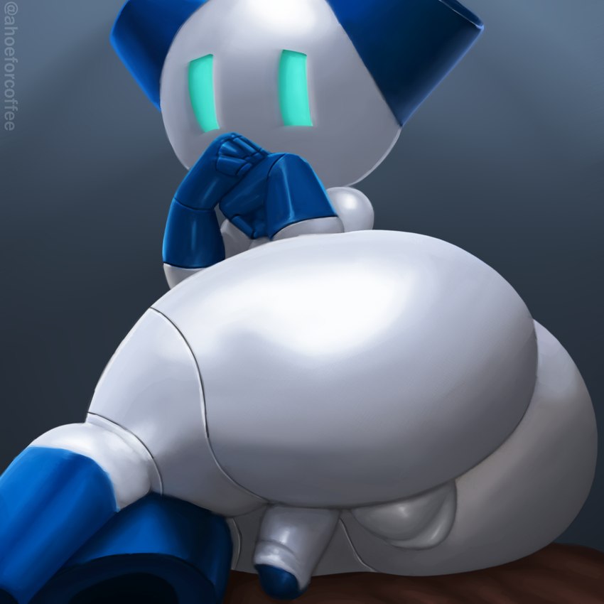 backsack balls big_butt blue_body butt butt_focus empty_eyes eyes_closed genitals glistening glistening_body grey_body hand_covering_face looking_at_viewer looking_back lying machine male metallic_body not_furry nude on_side penis simple_background solo ahoeforcoffee robotboy robotboy_(character) humanoid robot robot_humanoid 1:1 2022 hi_res