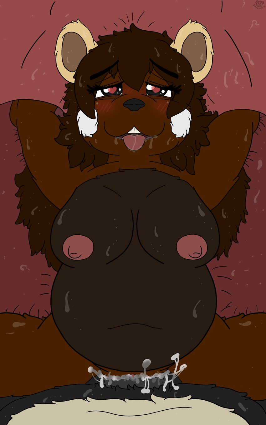 anthro bed black_body black_fur blush bodily_fluids brown_body brown_fur brown_hair cum cum_inside drooling duo female first_person_view fluffy fur furniture genital_fluids gift hair heart_eyes heart_symbol lying male male/female on_back open_mouth overweight pink_blush saliva slightly_chubby spread_legs spreading sweat tongue tongue_out vaginal white_body white_fur yellow_body yellow_fur darknetic kuma_(darknetic) sweetchu bear chocolate_mouse mammal mouse murid murine rodent 5:8 absurd_res hi_res