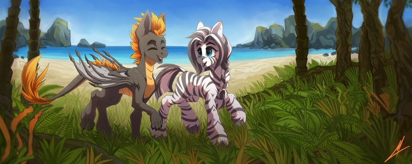 beach dragon_wings duo female feral male sand sea seaside stripes telor tropical water midnightflight hasbro my_little_pony asiri equid equine horse mammal pony zebra absurd_res hi_res