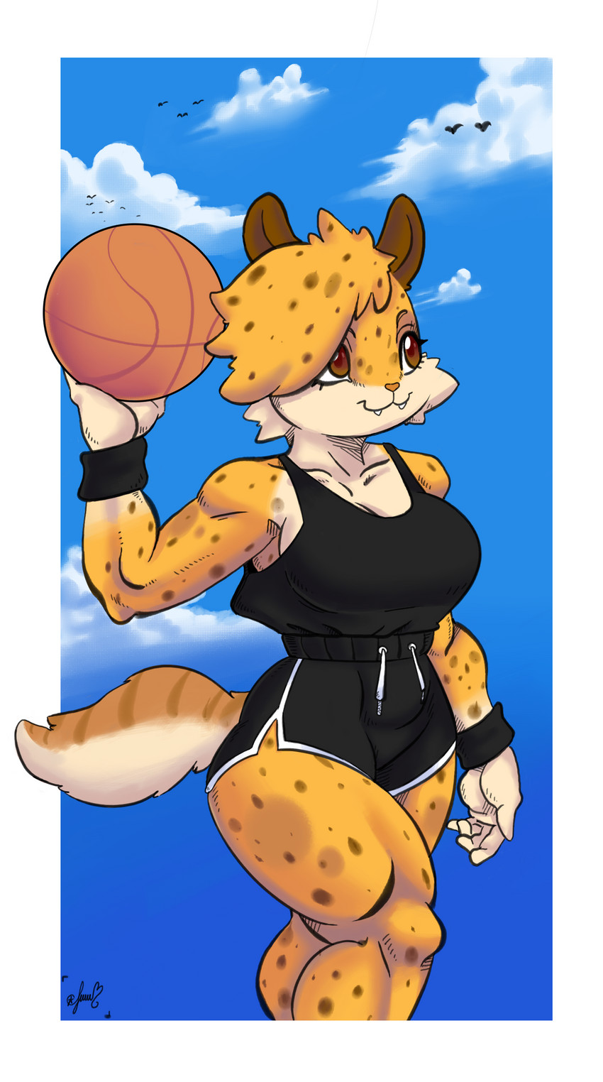 anthro athletic ball basketball_(ball) basketball_uniform big_breasts breasts clothing fangs female muscular muscular_female sky skyscape smile solo sportswear teeth uniform wide_hips wristband panthera_cantus felid feline mammal absurd_res colored hi_res