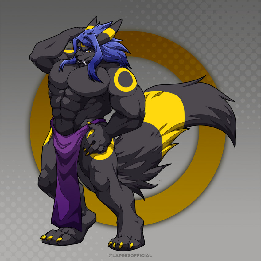 4_toes 5_fingers abs anthro anthrofied blue_hair feet fingers hair male muscular muscular_anthro muscular_male pokemorph smile solo toes lapres nintendo pokemon dredgen_nikki eeveelution generation_2_pokemon pokemon_(species) umbreon 1:1 2021 digital_media_(artwork)