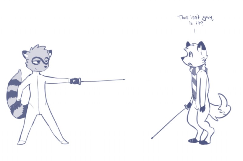 anthro clothed clothing dialogue digitigrade duo fencing fencing_foil holding_melee_weapon holding_object holding_sword holding_weapon insecure male markings melee_weapon plantigrade scarf simple_background striped_markings striped_tail stripes sword tail tail_markings text weapon white_background anonymous_artist /fur/ 8chan bushy_(8chan) nate_(8chan) canid canine fox mammal procyonid raccoon blue_and_white english_text monochrome